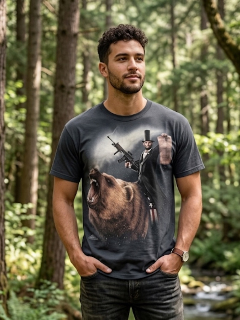 The Mountain Black Graphic Tee with Bear and Historical Figure